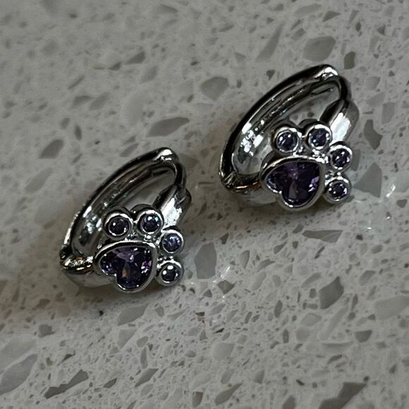 Cute Pet Paw Print Design Silver and Purple Tone & Zirconia Ear Stud Earrings - Picture 7 of 9